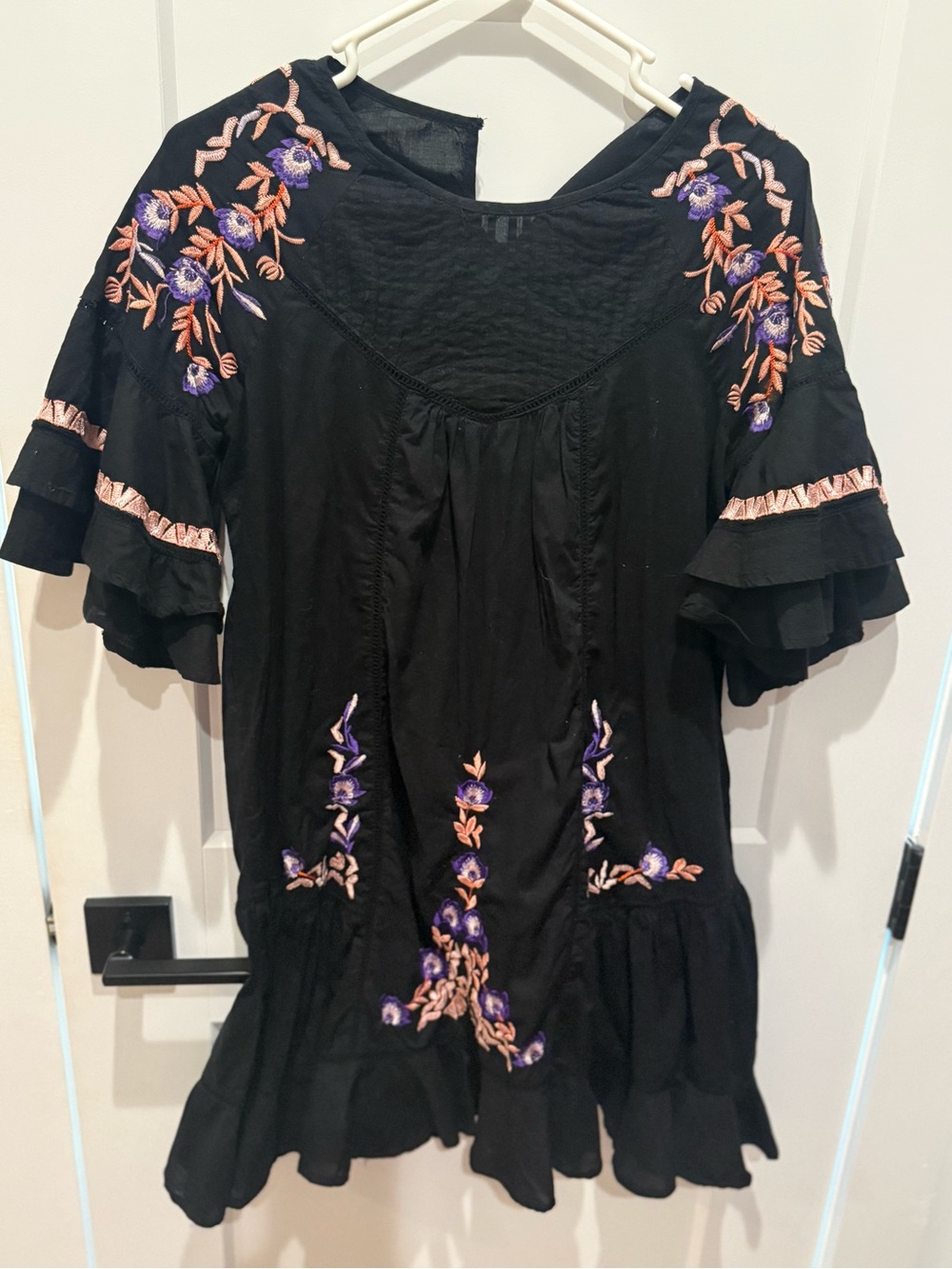 Free People Black Midi Dress with Purple & Peach Floral Embroidery